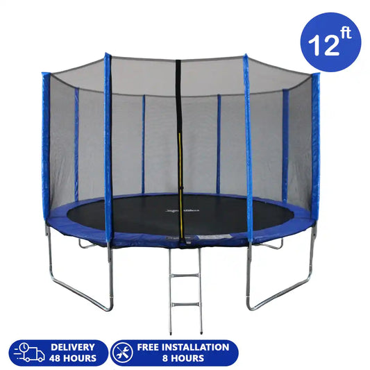 FUNJUMP 12 FT BLUE TRAMPOLINE WITH OUTSIDE SHORT POLE SAFETY NET AND LADDER