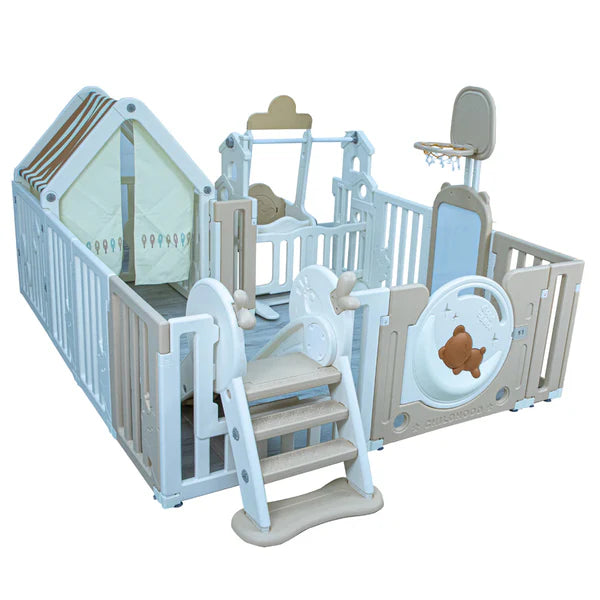 LITTLE TODDLER BEAR MOON PLAYPEN (NO MAT), DRAWING BOARD, BASKETBALL HOOP, SMALL HOUSE, SWING - SLIDE, WHITE - BIEGE
