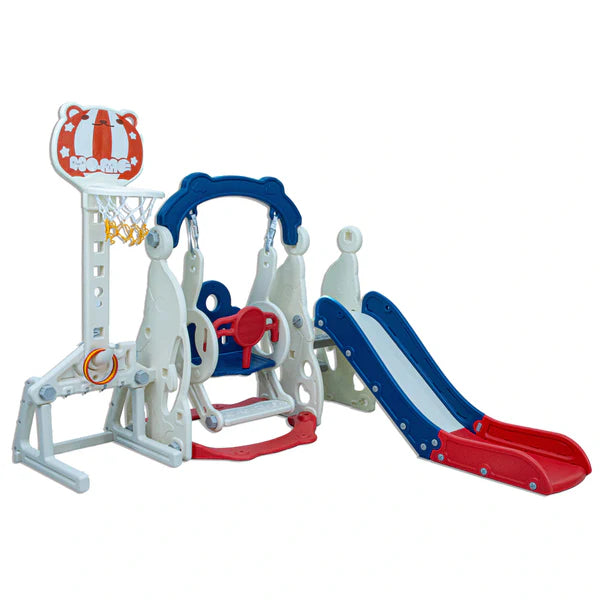 LITTLE TODDLER 4 IN 1 IPLAYGROUND WITH SLIDE - HEIGHT ADJUST SWING SET, SOCCER POST - BASKETBALL HOOP, BLUE - RED