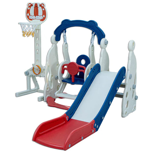 LITTLE TODDLER 4 IN 1 IPLAYGROUND WITH SLIDE - HEIGHT ADJUST SWING SET, SOCCER POST - BASKETBALL HOOP, BLUE - RED