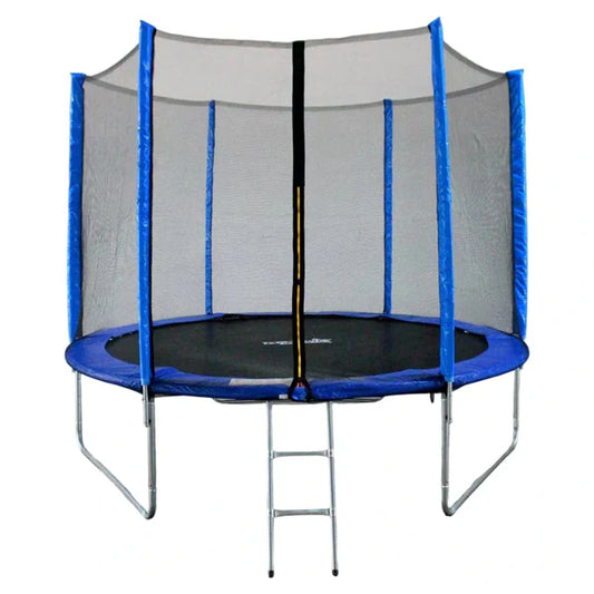FUNJUMP 10 FT BLUE TRAMPOLINE WITH OUTSIDE SHORT POLE SAFETY NET AND LADDER