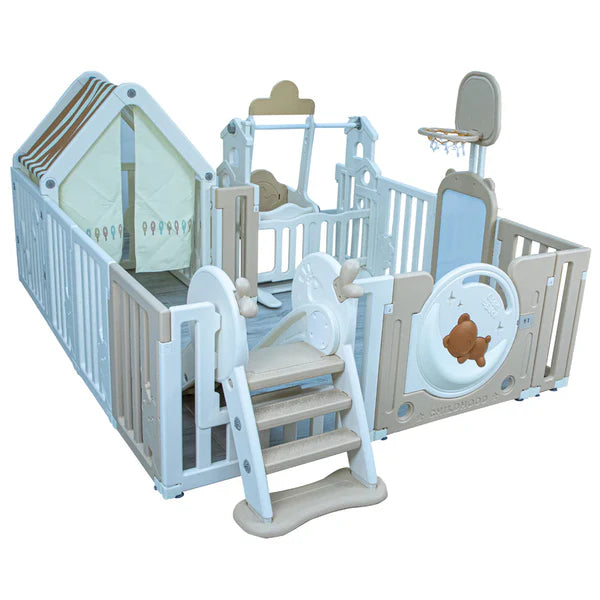 LITTLE TODDLER BEAR MOON PLAYPEN (NO MAT), DRAWING BOARD, BASKETBALL HOOP, SMALL HOUSE, SWING - SLIDE, WHITE - BIEGE