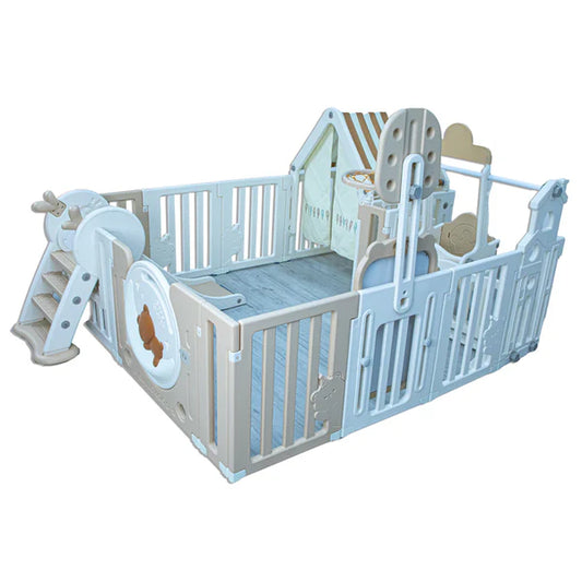 LITTLE TODDLER BEAR MOON PLAYPEN (NO MAT), DRAWING BOARD, BASKETBALL HOOP, SMALL HOUSE, SWING - SLIDE, WHITE - BIEGE