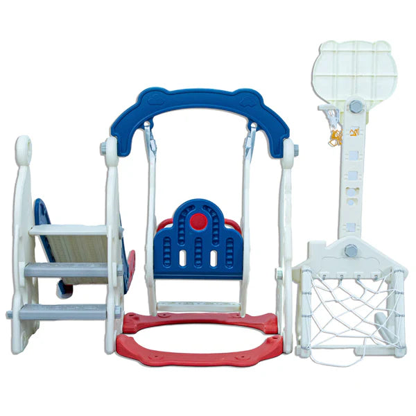 LITTLE TODDLER 4 IN 1 IPLAYGROUND WITH SLIDE - HEIGHT ADJUST SWING SET, SOCCER POST - BASKETBALL HOOP, BLUE - RED