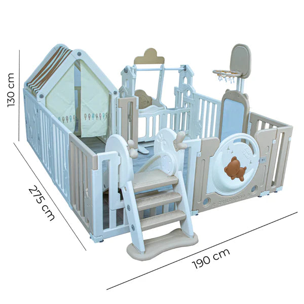 LITTLE TODDLER BEAR MOON PLAYPEN (NO MAT), DRAWING BOARD, BASKETBALL HOOP, SMALL HOUSE, SWING - SLIDE, WHITE - BIEGE