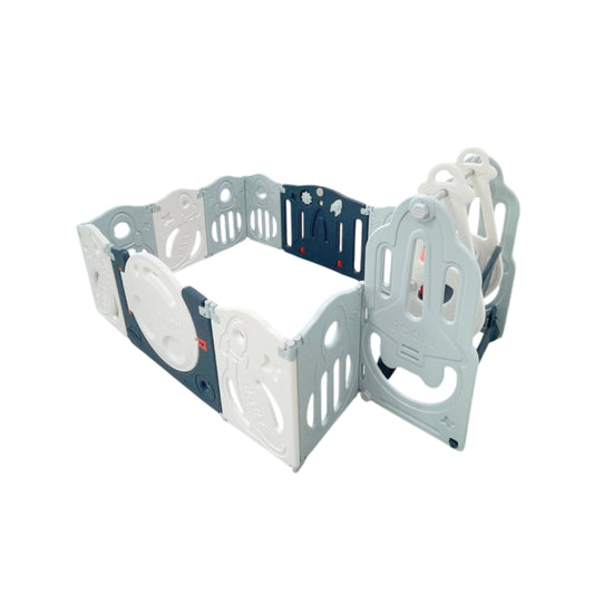 "FOLDABLE PLAYPEN 8 SIMPLE PANEL, 1 GAME PANEL, 1 DOOR, 1 BASKETBALL HOOP, 1 SWING "